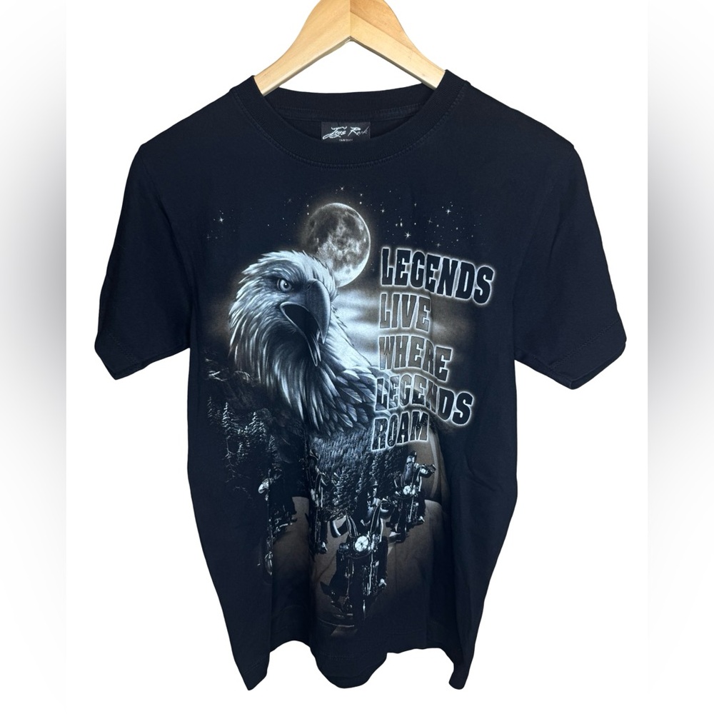 Legends Live Where Legends Roam Black Graphic T-Shirt Eagle Motorcycle AOP